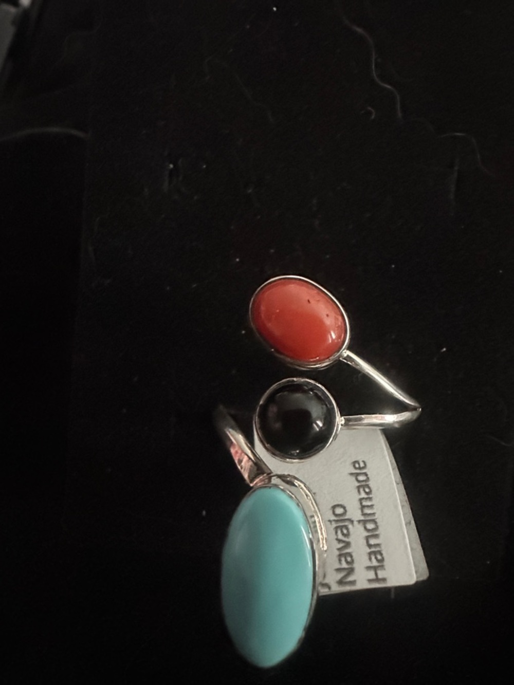 Alice Johnson Navajo Handmade Adjustable Ring, Turquoise, Black Onyx, Red Coral